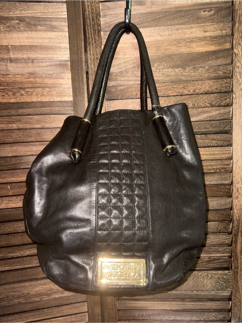 Badgley Mischka Black Leather Tote Shoulder Bag Gold Logo Quilted Large Purse